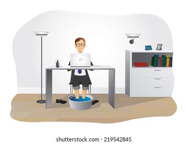 Tired office clerk warms up feet in a bowl of hot water.