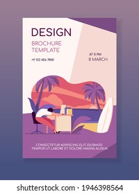 Tired office employee sleeping at workplace and dreaming of ocean beach with surfboard. Vector illustration for burnout, vacation, travel, holiday concept