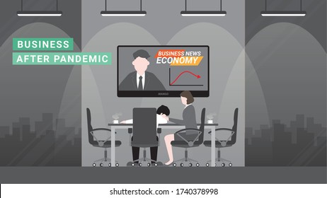 Tired office man collapse in meeting room soothing by secretary. Watching economy news. Crisis company owner responsibility in financial problem. Business down after pandemic covid-19 corona virus.