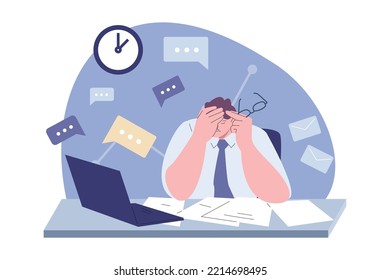 Tired office man at desk in info noise. Messages and email, diverse letters and deadline. Time management, vector burnout business person