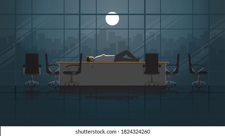 Tired Office man lay down sleep on table after meeting in conference room with messy chair. Alone in dark light from full moon. Exhausted people city lifestyle of work hard overtime and overwork scene
