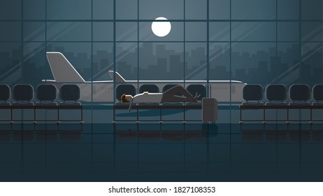 El oficial cansado se sienta a dormir en el asiento de la terminal del aeropuerto internacional por la noche. Solo con luz oscura de luna llena. El estilo de vida de la ciudad de las personas exhaustas trabaja duro y excesivamente en la escena del viaje de negocios. 