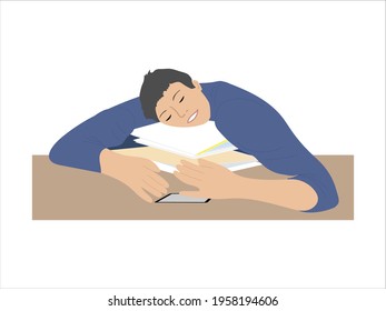 Tired office man lies on the table and papers and sleeps. Professional burnout. A hard working long day.