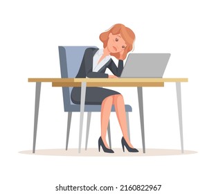 Tired Office Woman in Suit at Desk with Laptop Engaged in Workflow Vector Illustration