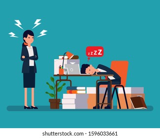 Tired office worker asleep and angry boss. Office worker life concept. Vector illustration in flat cartoon style