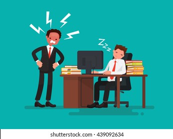 Tired office worker asleep at a desk next to it is an angry boss. Vector illustration of a flat design