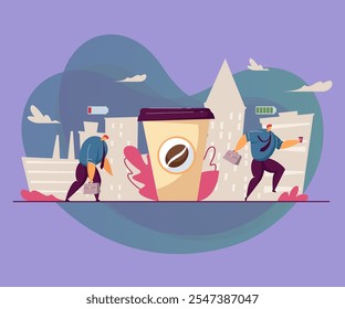 Tired office worker becoming energized after drinking coffee. Sad man with low battery buying cup of coffee and getting happy. Coffee break, low energy, energizer, stress, morning concept