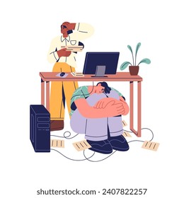 Tired office worker burnouts. Depressed employee overloads. Exhausted man hiding under desk from business paperwork. Frustrated guy avoids work, tasks. Flat isolated vector illustration on white