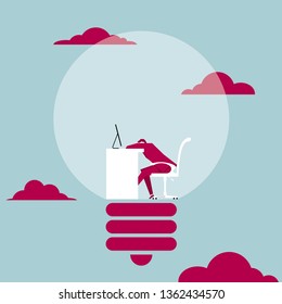 Tired office worker. Dozing off in the light bulb. The background is blue.