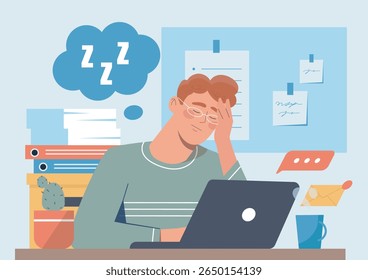 Trabalhador de escritório cansado cochilando em sua mesa com um laptop, pastas e xícara de café em um fundo azul claro, conceito de esgotamento e excesso de trabalho. Ilustração vetorial