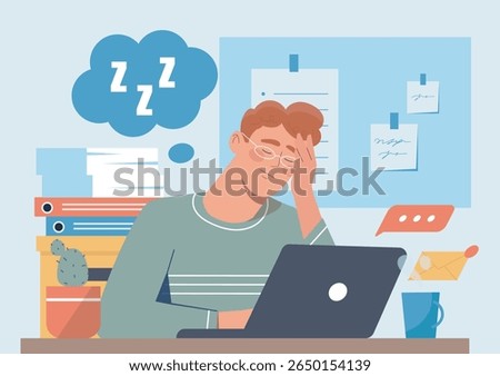 A tired office worker dozing off at his desk with a laptop, folders, and coffee cup on a light blue background, concept of burnout and overwork. Vector illustration