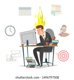 Tired office worker with fire over his heads, sitting at table, vector flat isolated illustration. Emotional burnout, hard work fatigue, stress and frustration at workplace concept.