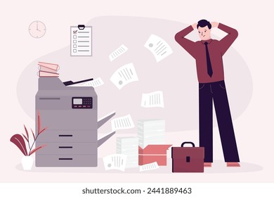 Tired office worker near copy machine, to much paperwork, burnout, many tasks. Unhappy employee manager standing near professional copy machine or printer doing paper work. Copier operator. vector