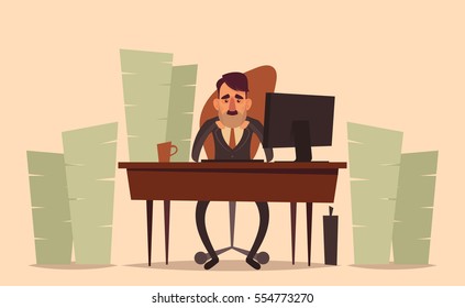 Tired Office Worker. A Lot of Papers Around Him. Vector Illustration