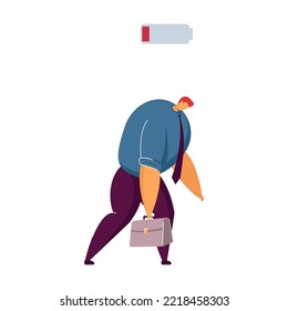 Tired office worker. Sad man with low battery need cup of coffee to get happy. Coffee break, low energy, energizer, stress, morning concept