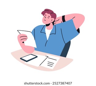 Trabalhador de escritório cansado sentado na mesa, exausto e entediado. Burnout e conceito de exaustão. Funcionário preguiçoso de Fatique no local de trabalho. Homem sonolento no trabalho. Ilustração de vetor plano isolada no plano de fundo branco