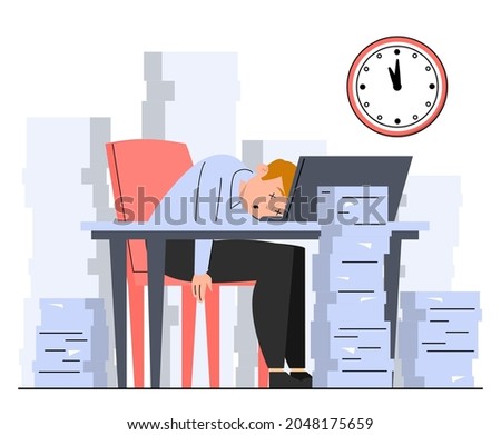Tired office worker sleeping on desk around paper piles vector isolated. Low battery, manager in stress. Exhausted person sleeping at workplace.
