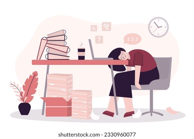Tired office worker sleeping at the workplace. Overload, burnout, hard work in office. Corporate slavery, work seven days week. Overworked businesswoman has no strength. Workplace with piles of papers