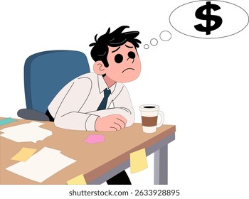 A tired office worker stares down in stress, dreaming of money and success amid cluttered papers and coffee fatigue.