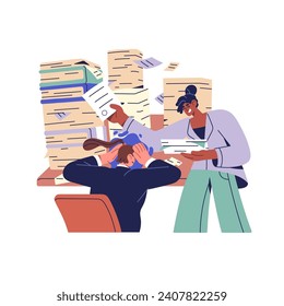 Tired office worker stress with lots of work. Depressed employee overload with paperwork. Colleague adds new business task to stack of folders. Flat isolated vector illustration on white background