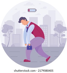 Tired office worker walks through the city. Sad man with the briefcase. Flat character. Cute cartoon. Vector illustration