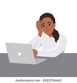 Tired office worker.Professional burnout syndrome.Sad, unhappy woman at workplace with paper document piles vector illustration. Deadline concept. Flat vector illustration