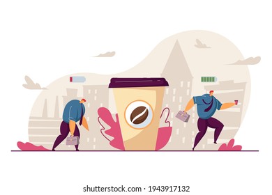 Tired office workers becoming energized after drinking coffee. Sad man with low battery buying cup of coffee and getting happy. Coffee break, low energy, energizer, stress, morning concept