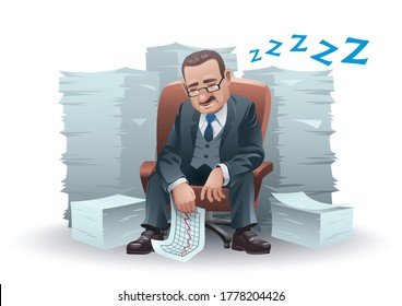 
Tired old businessman sleeping on his chair, surrounded by stack of paperwork.