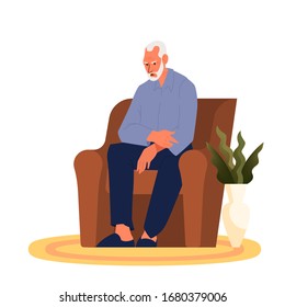 Tired old man sitting in the armchair. Eldery person with lack of energy. Exhausted grandfather. Vector illustration in cartoon style