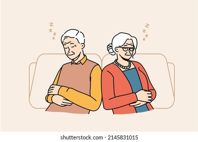 Tired old man and woman sit relax in chairs taking nap or daydreaming. Exhausted mature grandparents rest in armchairs sleeping and seeing dreams. Maturity and relaxation. Vector illustration. 