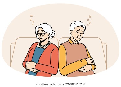 Tired old man and woman sit relax in chairs taking nap or daydreaming. Exhausted mature grandparents rest in armchairs sleeping and seeing dreams. Maturity and relaxation. Vector illustration.