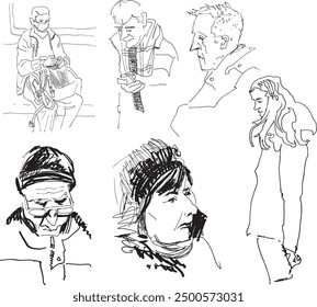 Tired Old Men portrait profile lady Woman ink spot drawing Sitting Walking Line Isolated White Background. People line art silhouette lifestyle trip transport metro bus eating public place phone use