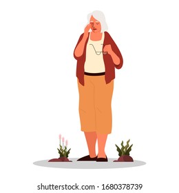 Tired Old Woman With A Headache. Eldery Person With Painfull Head. Grandmother Suffering From Headache And Holding Her Temples. Vector Illustration In Cartoon Style