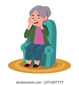 Tired old woman with a headache. Eldery person with painfull head. Grandmother suffering from headache and holding her temples. Vector illustration in cartoon style