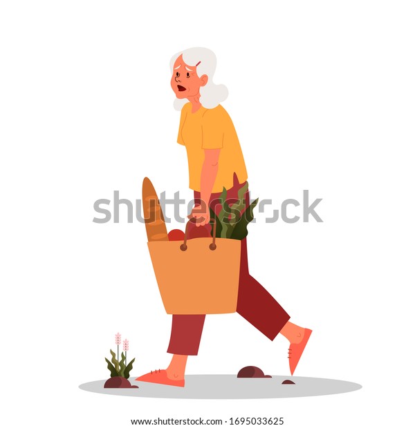 疲れたおばあさんが食料品袋を持って歩いている 活力のない男性 疲れ果てたおばあさん カートーンスタイルのベクターイラスト のベクター画像素材 ロイヤリティフリー
