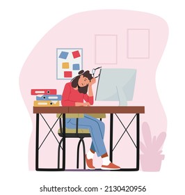 Tired Overloaded Business Woman with Glasses in Hand Sit with Closed Eyes at Computer Trying to Figure Out Information at Workplace. Stress, Deadline, Employee Burnout. Cartoon Vector Illustration