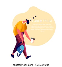 Tired Overwhelmed burnout student fall asleep in walking process Broken by fatigue holding a cup of coffee and backpack. Exhausted pupil going to university or school. Implement knowlege. Flat vector