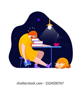 Tired overwhelmed student fall asleep in learning process laid his head on the books. Exhausted pupil can not stand studying because of fatigue with a bunch of textbooks on her desk. Flat illustration