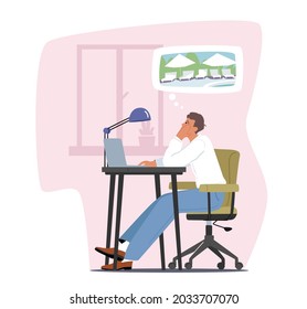 Tired Overwork Businessman Character Emotional and Professional Burnout. Hard Work Business Man Sitting at Workplace with Computer in Office Dreaming of Summer Vacation. Cartoon Vector Illustration