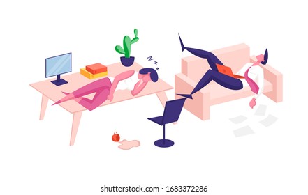 Tired Or Overworked Business Characters Sleep On Office Desk And Couch. Laziness From Emotional Burnout. Employees Sleeping At Working Place With Pc And Spilled Coffee. Cartoon People Vector Illustration