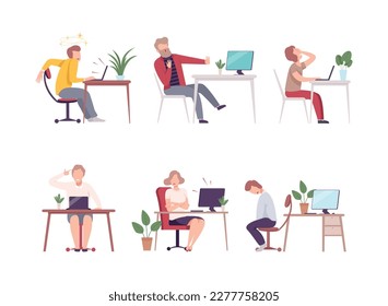 Tired overworked business people working in office set. Busy overloaded office workers characters flat vector illustration