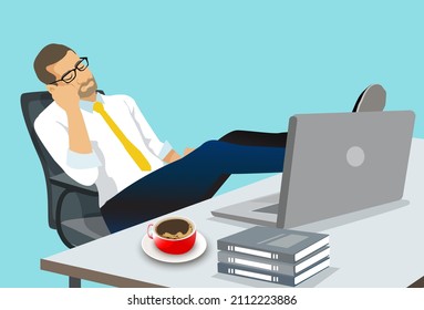Tired, overworked businessman sleeping over laptop in his office work desk.