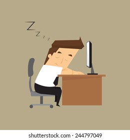 Tired overworked businessman sleeps on desk.vector