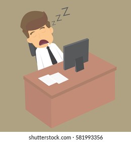 Tired overworked businessman sleeps on desk. vector