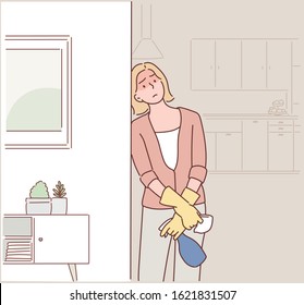 Tired overworked cleaning woman feeling fatigue of busy day. Hand drawn style vector design illustrations.