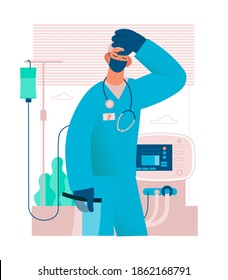 Tired overworked doctor or nurse. Exhausted Healthcare worker. Coronavirus pandemic, Covid-19 quarantine. Flat cartoon vector illustration.