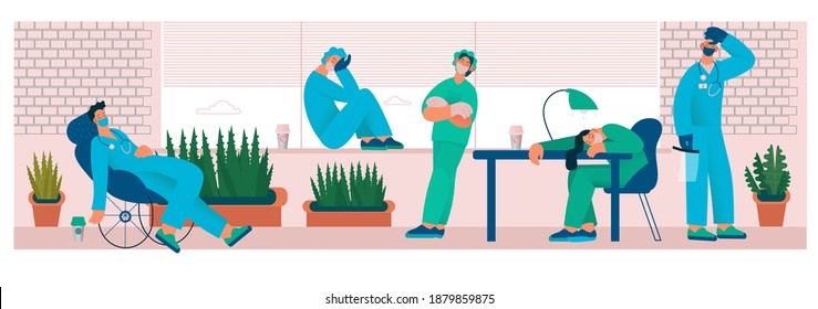 Tired Overworked Doctor Or Nurse In The Office, Drink Coffee. Exhausted Healthcare Worker. Coronavirus Pandemic, Covid-19 Quarantine. Flat Cartoon Vector Illustration.