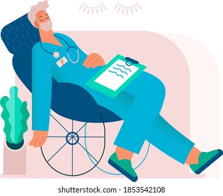 Tired overworked doctor or nurse sleeping in a chair. Exhausted Healthcare worker. Coronavirus pandemic, Covid-19 quarantine.