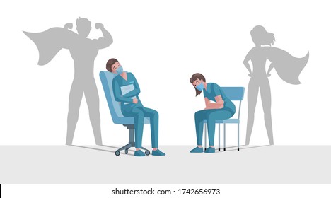 Tired overworked doctor and nurse in uniform with superhero shadows vector flat cartoon illustration. Exhausted medical workers in protective masks rest after work during Coronavirus outbreak.