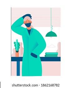 Tired overworked doctor or nurses in her office. Exhausted Healthcare worker. Coronavirus pandemic, Covid-19 quarantine. Flat cartoon vector illustration.